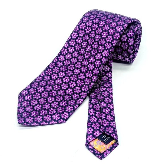 Ted Baker Navy Blue Purple Floral Men's Silk Tie - Picture 1 of 7